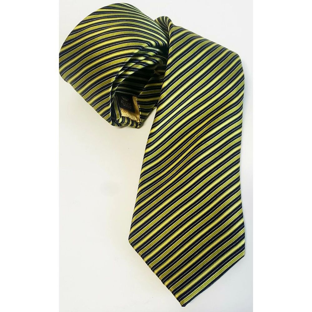 Countess Mara Tie Gold/ Green / Navy Diagonal Stripe 100% Silk w/ Crown Logo